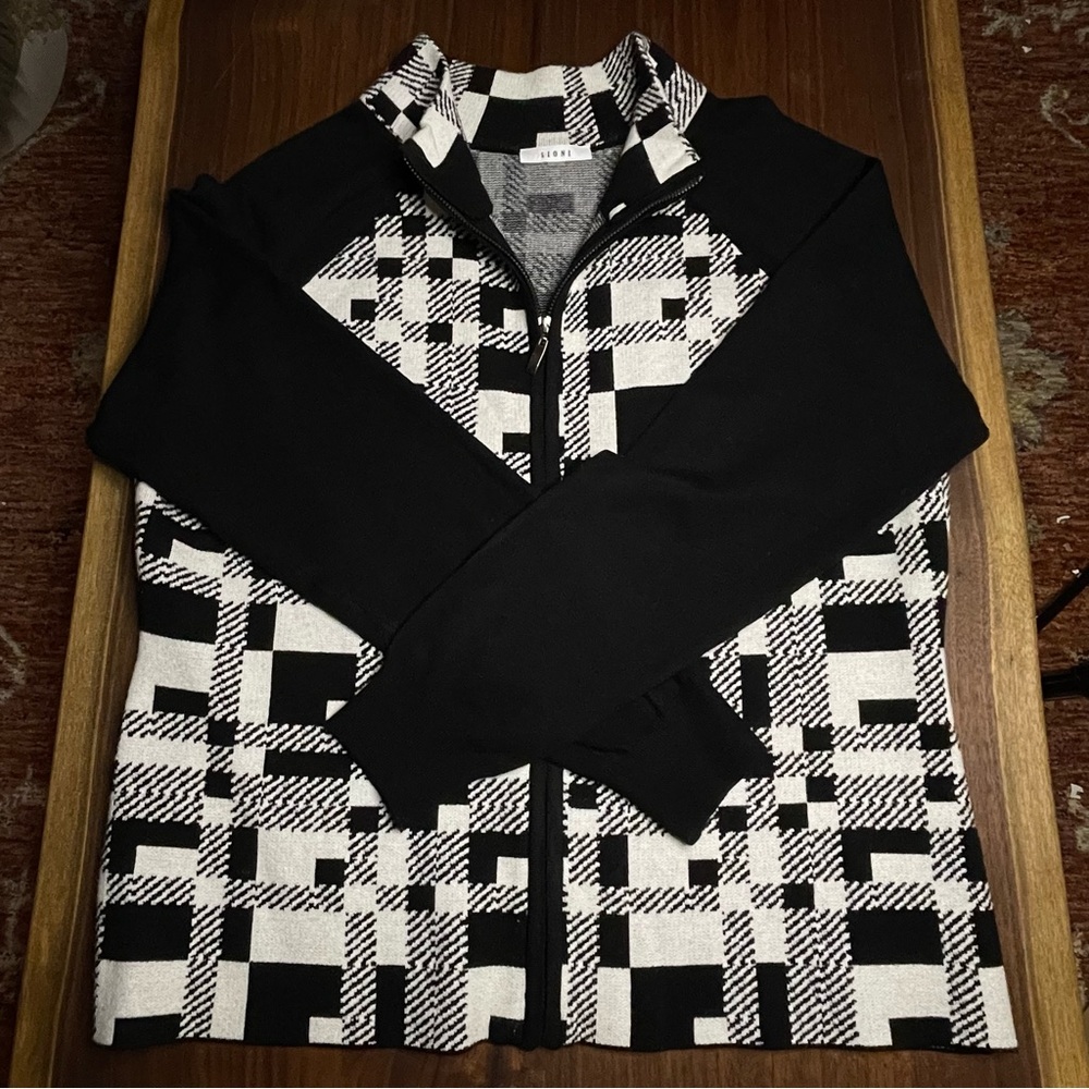 Sioni Black & White Plaid Zip-Front Sweater Jacket – XL Like New